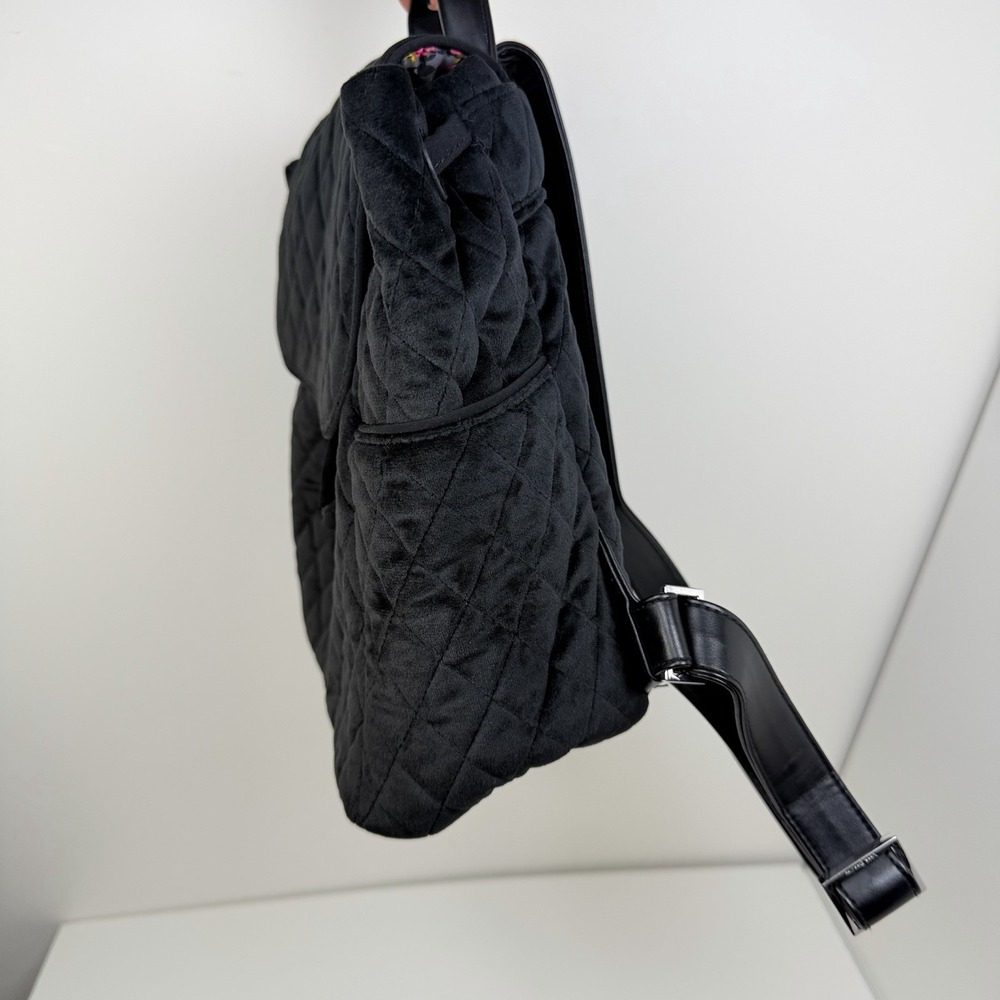 Vera Bradley Black Quilted Velvet Drawstring Backpack Floral Lining NWOT - Picture 4 of 11